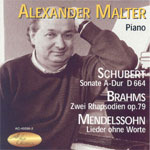 AC-45598-2
Schubert
Sonate A-Dur D 664
Brahms
Zwei Rhapsodien op. 79
Mendelssohn
Lieder ohne Worte
Alexander Malter, Piano